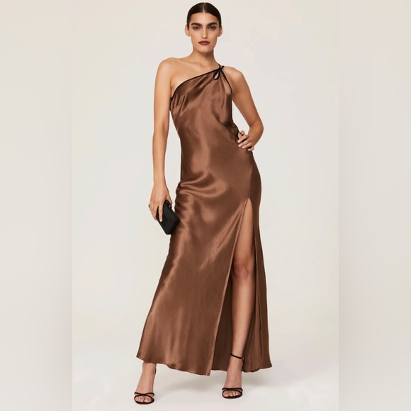 Bec & Bridge Kehlani Satin Maxi Dress High Side Slit Cut Outs in Chocolate sz 10 - Picture 1 of 8